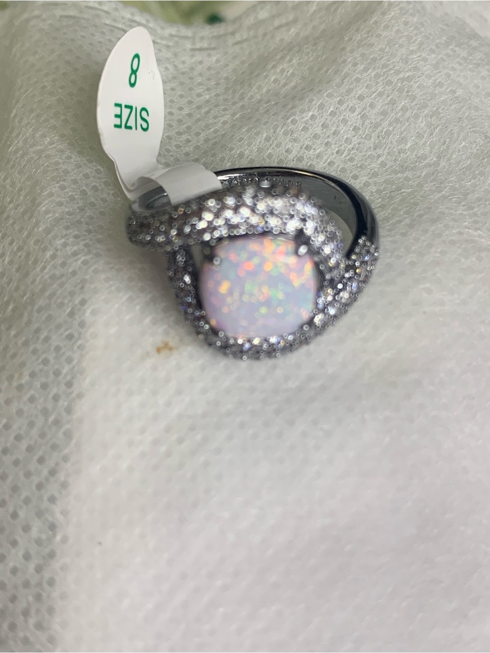 Silver Opal Halo Ring – White Opalescent Center, Size 8